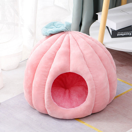 Pumpkin-Shaped Cat Bed with Removable Plush Cushion – Baby Pink & Light Grey