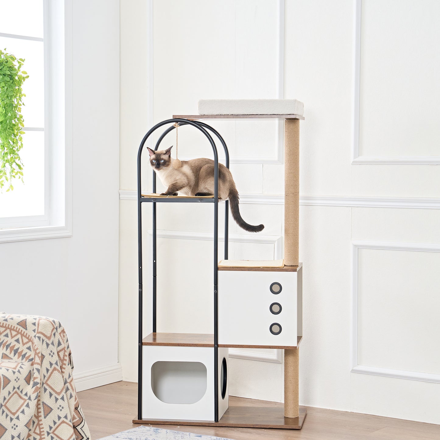 Sleek 5-Story Modern Cat Tree with Plush Bed, Scratching Posts & Ventilated Hideouts