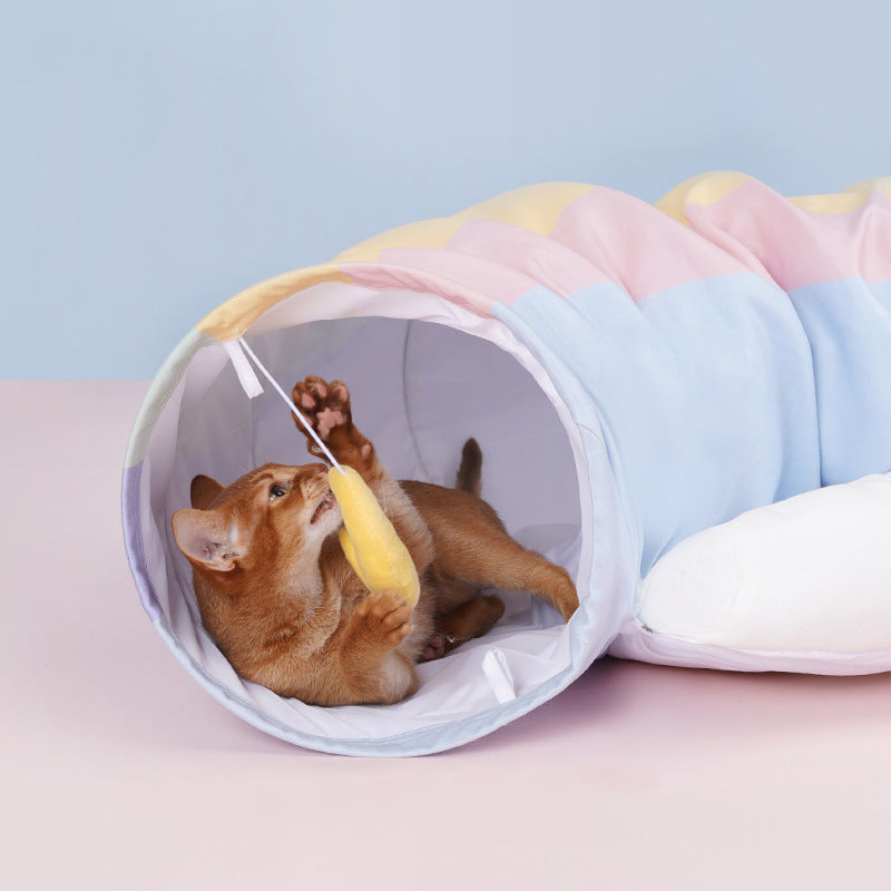 Whimsical Pastel Rainbow Cat Tunnel with Cloud Bed, Hanging Star & Moon Toy