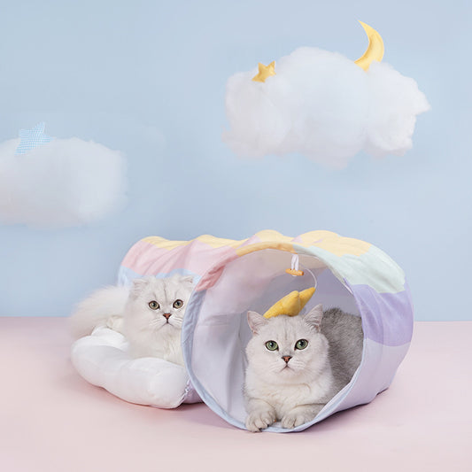 Whimsical Pastel Rainbow Cat Tunnel with Cloud Bed, Hanging Star & Moon Toy