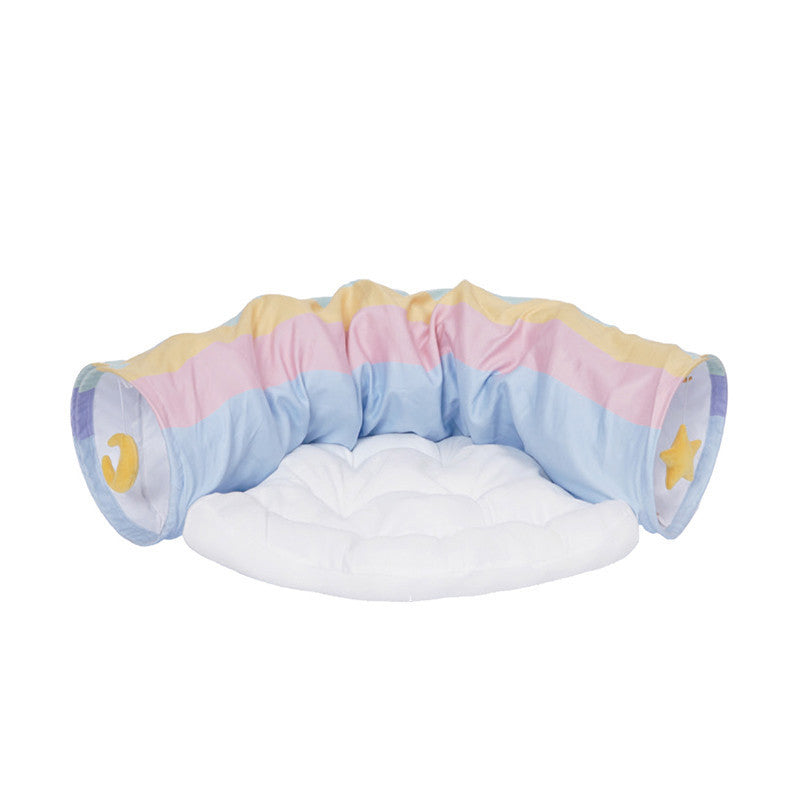 Whimsical Pastel Rainbow Cat Tunnel with Cloud Bed, Hanging Star & Moon Toy