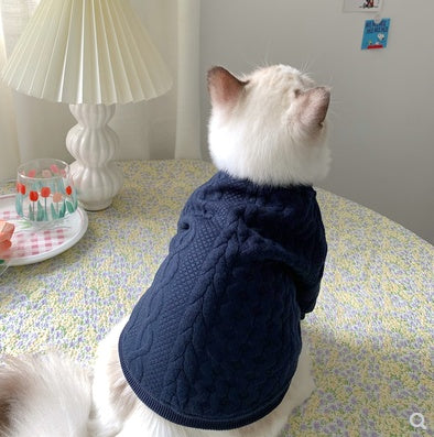 Charming Navy Cable Knit Sweater with Grey Bow Tie For Cats