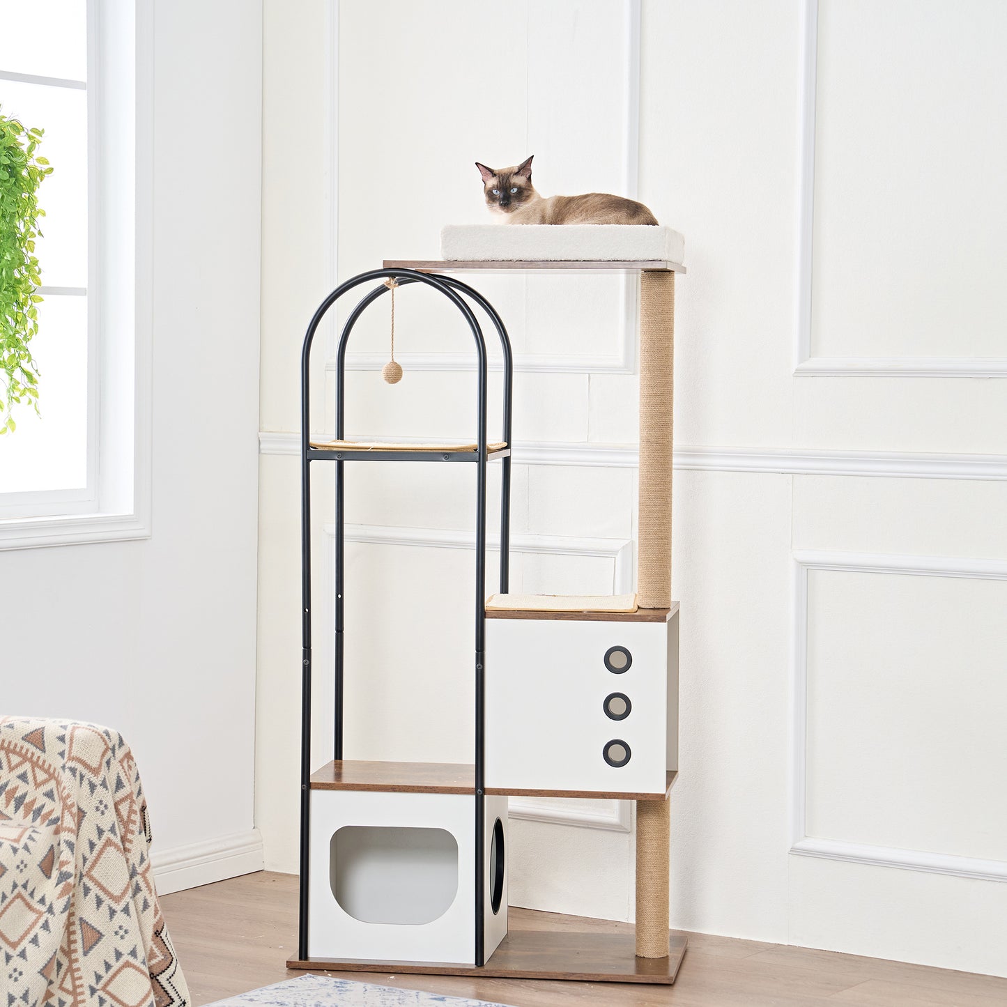 Sleek 5-Story Modern Cat Tree with Plush Bed, Scratching Posts & Ventilated Hideouts