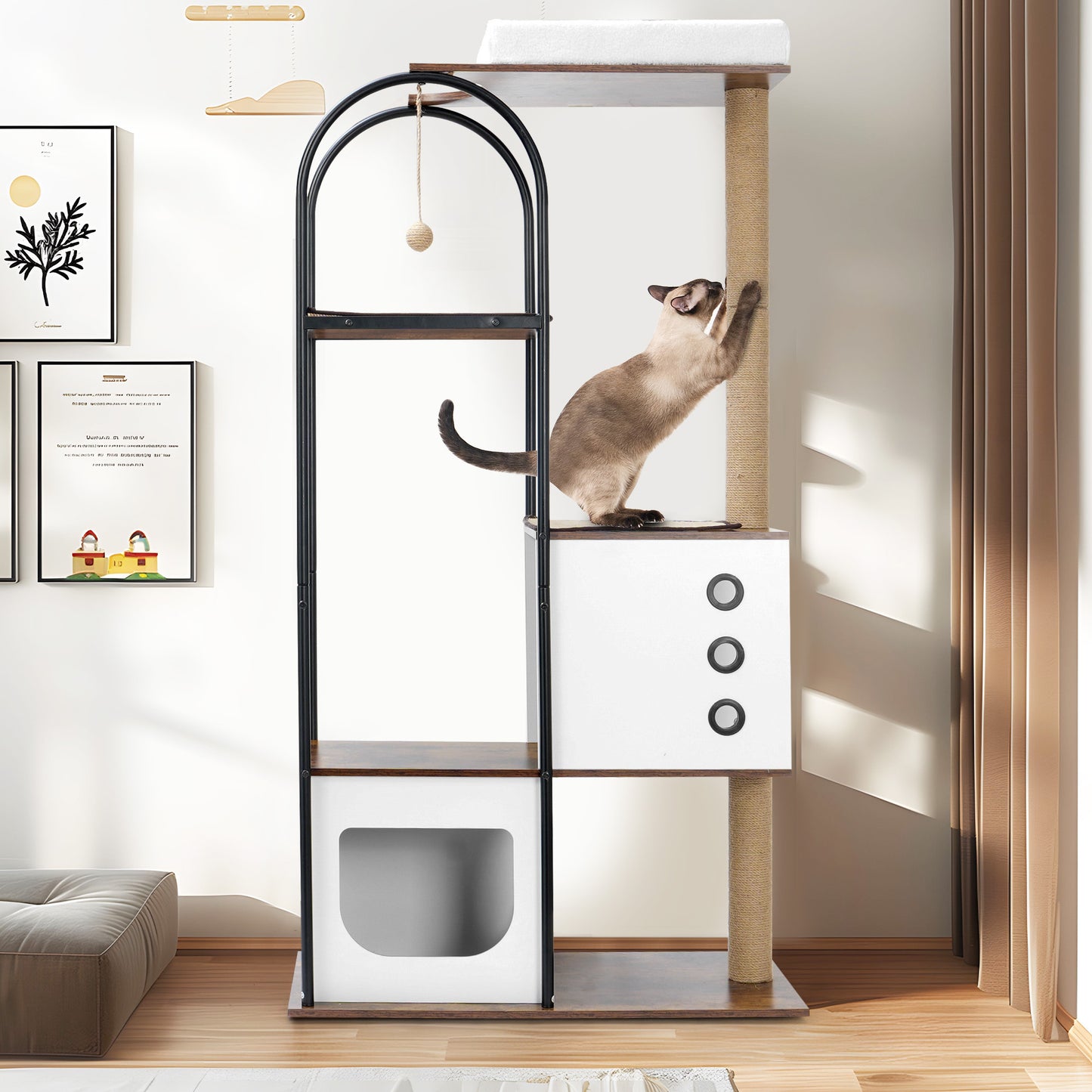 Sleek 5-Story Modern Cat Tree with Plush Bed, Scratching Posts & Ventilated Hideouts