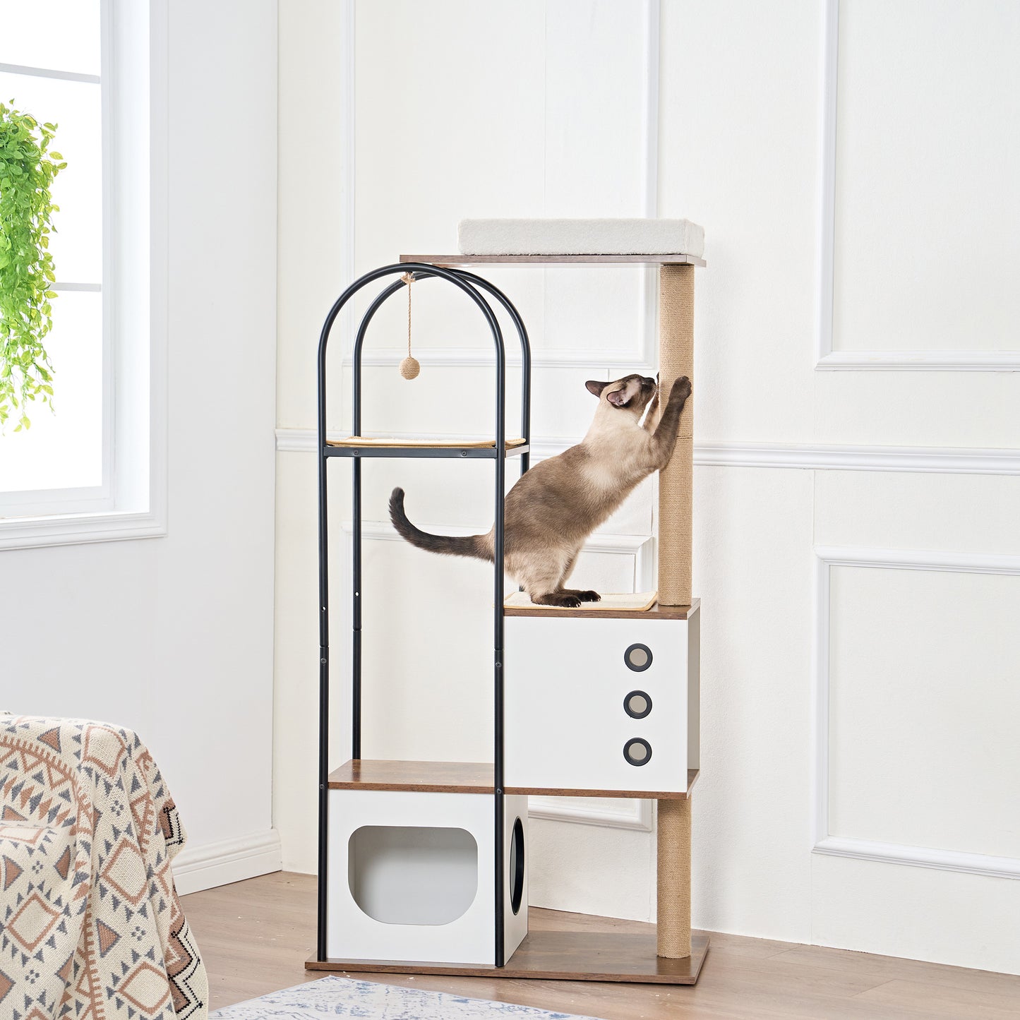 Sleek 5-Story Modern Cat Tree with Plush Bed, Scratching Posts & Ventilated Hideouts