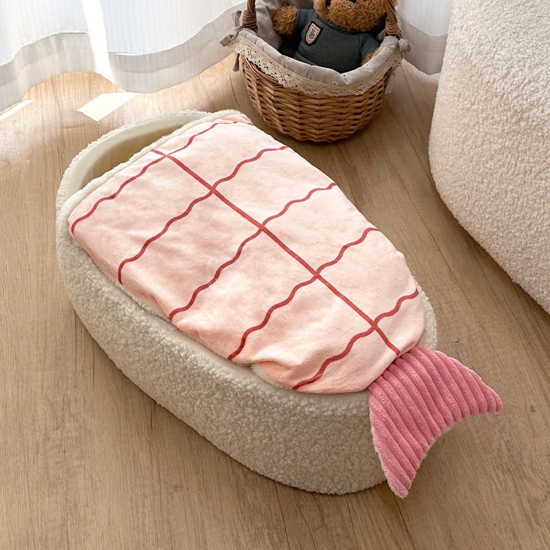 Sushi Roll Cat Bed – Plush Fish-Shaped Nest for Cats