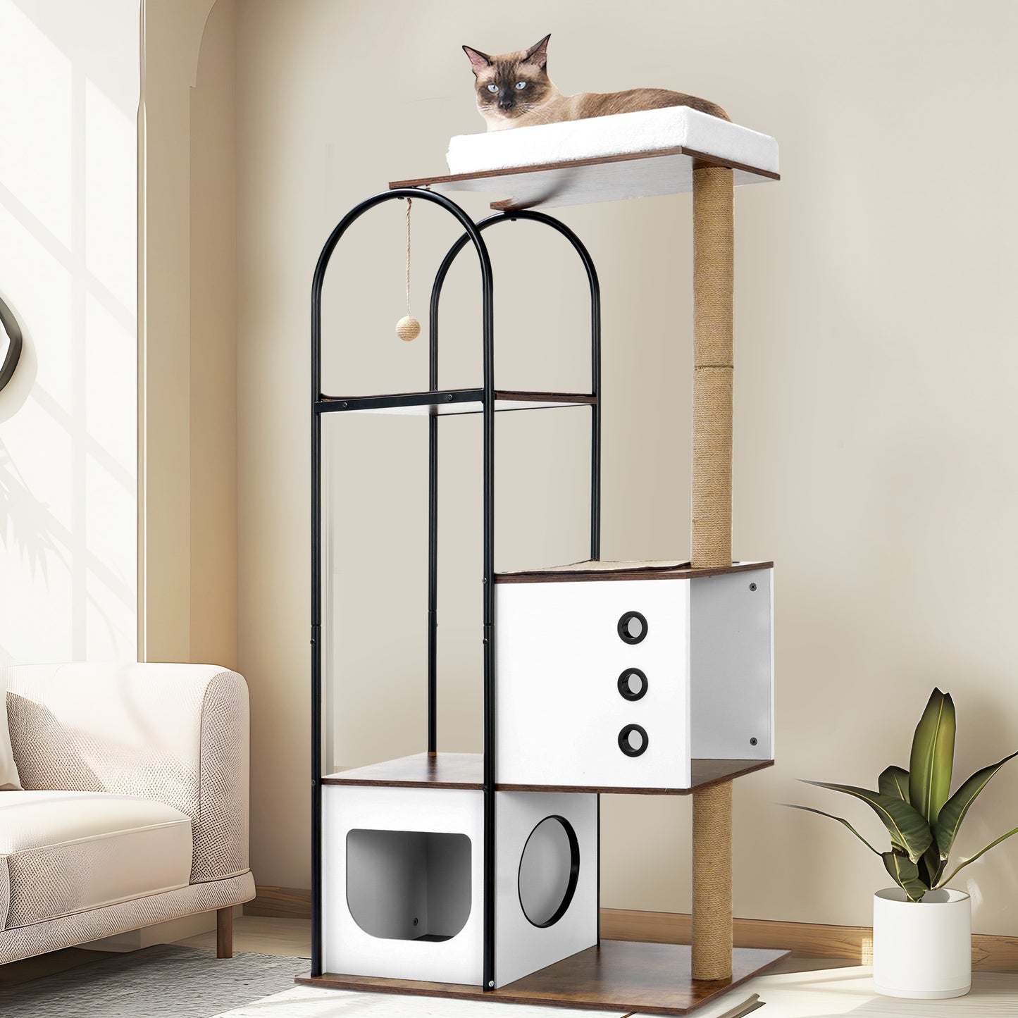 Sleek 5-Story Modern Cat Tree with Plush Bed, Scratching Posts & Ventilated Hideouts