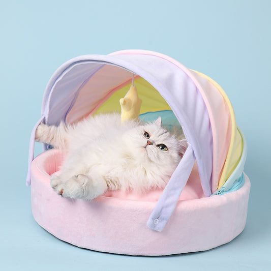 Pastel Rainbow Cat Bed with Collapsible Canopy & Hanging Star