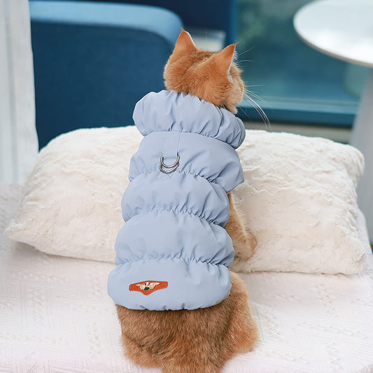 Warm Fleece-Lined Cat Puffer Vest with Leash Attachment & Button Closures