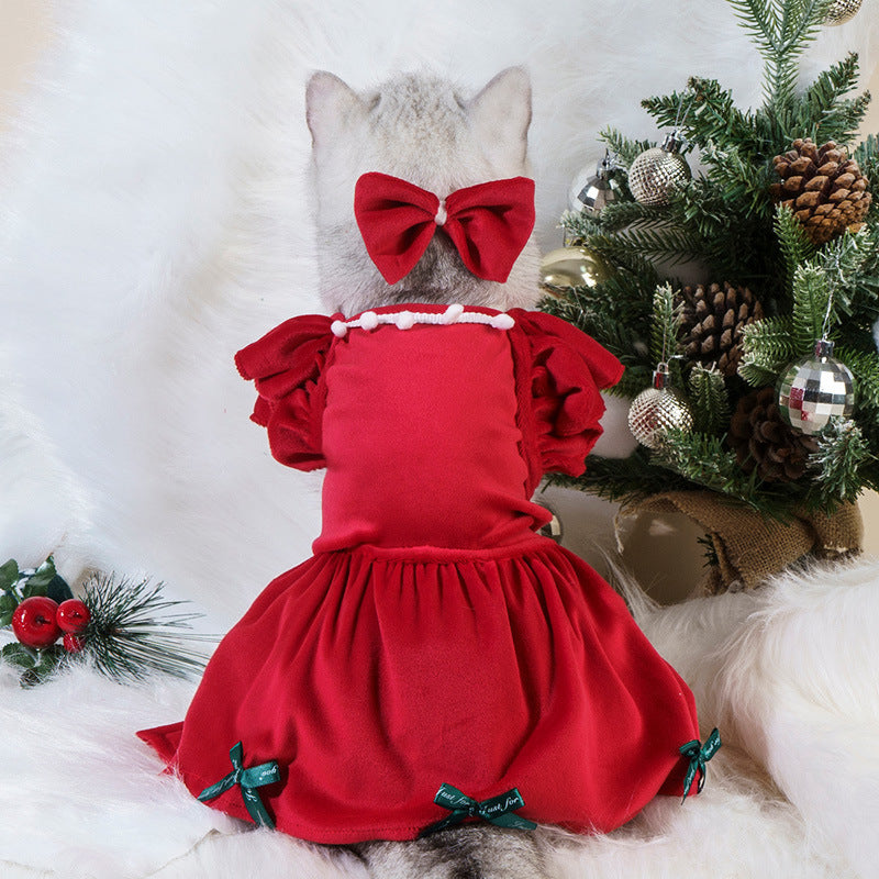 Velvet Red Cat Dress – Ruffled Sleeves & Green Bow Details