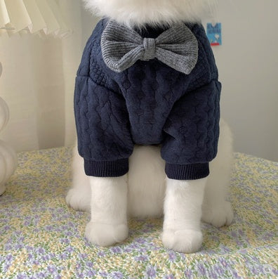 Charming Navy Cable Knit Sweater with Grey Bow Tie For Cats