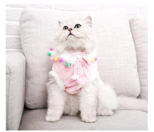 Baby Pink Fleece Sweater with Colorful Pom Poms & Lace Collar – Soft & Stylish for Cats