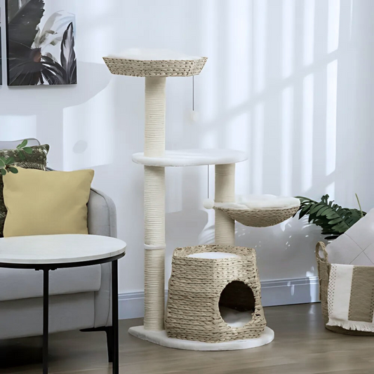 Multifunctional Cat Tree with Sisal Posts, Condo & Hanging Balls – Wicker Detailing & Plush Fabric