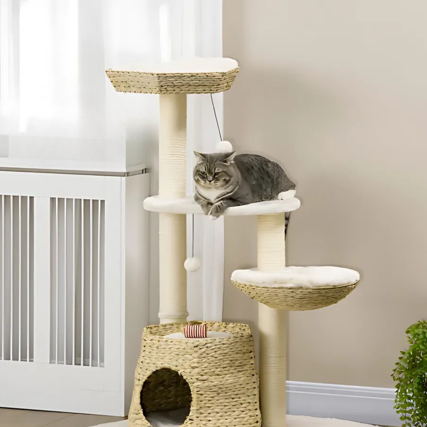 Multifunctional Cat Tree with Sisal Posts, Condo & Hanging Balls – Wicker Detailing & Plush Fabric