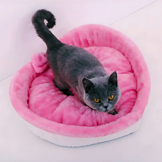 Heart-Shaped Cat Bed with Bow Detail – In Pink and Grey