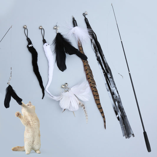 Cat Toy Teasing Wand – Extendable 6-Piece Set with Replacement Heads