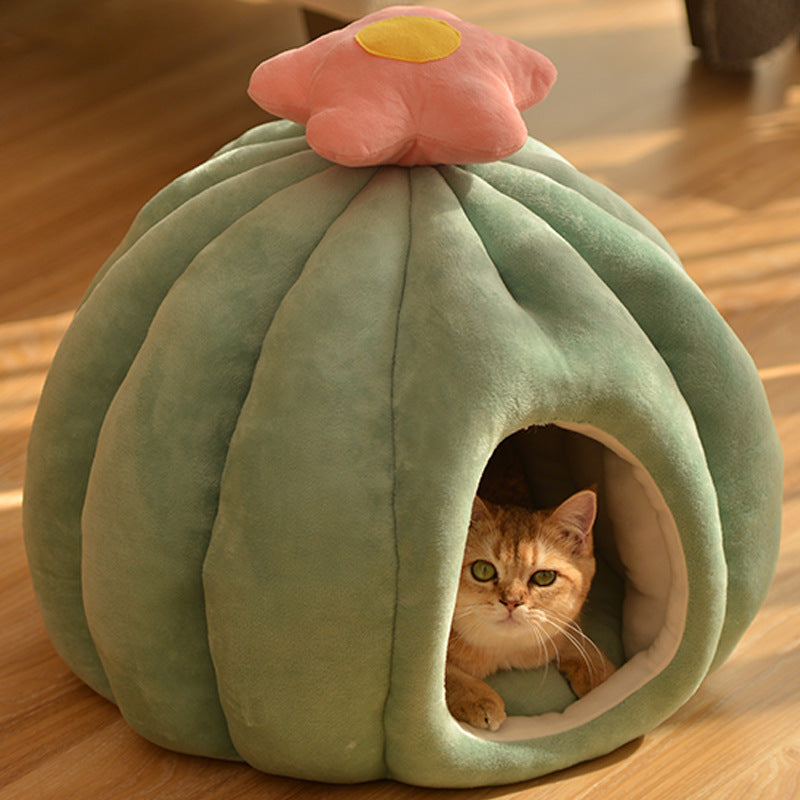 Cactus Shaped Cat Bed with Flower Top – Cozy Nest for Your Furry Friend